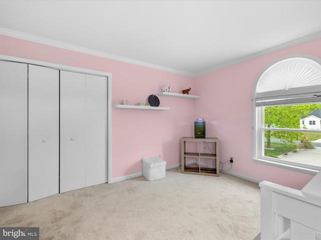 13295 Rollie Road E Rd, Bishopville, MD 21813 - carpeted bedroom featuring ornamental molding, a closet, and baseboards