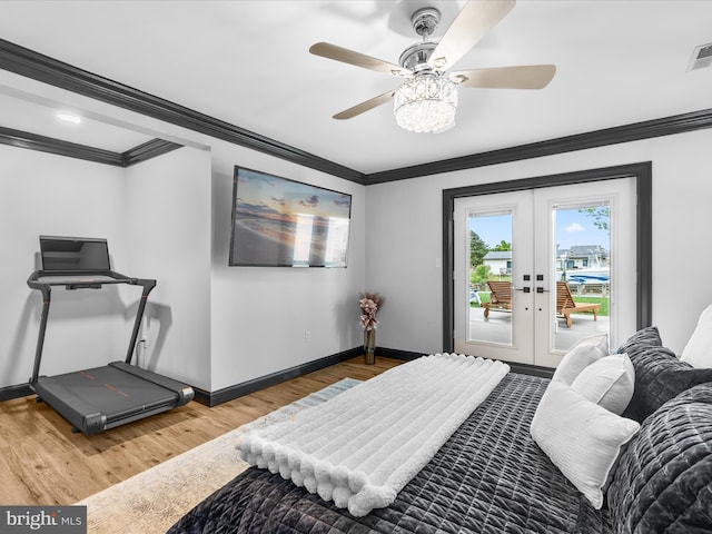 13295 Rollie Road E Rd, Bishopville, MD 21813 - bedroom featuring access to outside, wood finished floors, crown molding, french doors, and baseboards