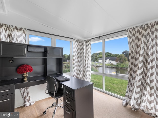 13295 Rollie Road E Rd, Bishopville, MD 21813 - carpeted home office featuring a water view, built in desk, and lofted ceiling
