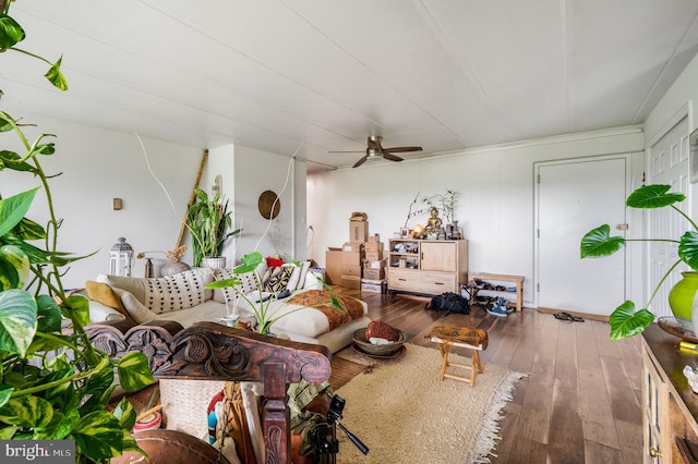 living area with a ceiling fan and hardwood / wood-style flooring