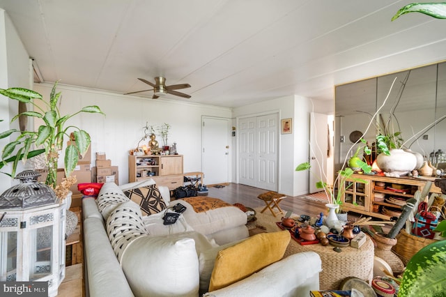 living area featuring a ceiling fan and wood finished floors