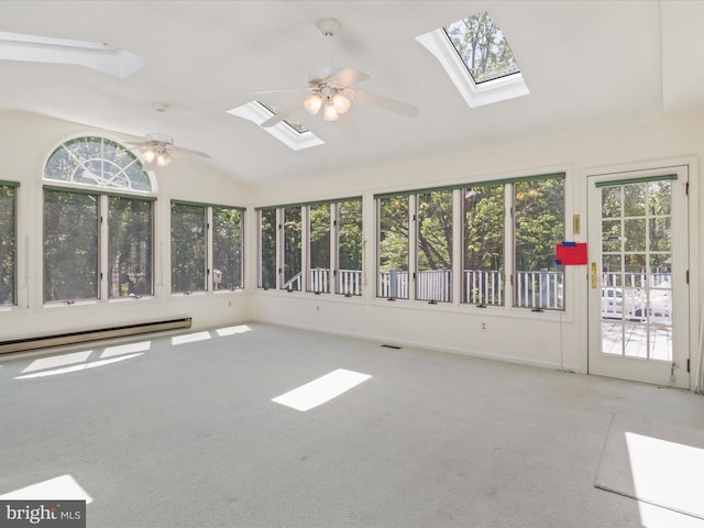 unfurnished sunroom with carpet flooring, lofted ceiling with skylight, and baseboard heating
