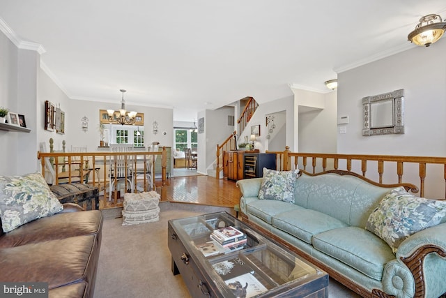 7228 Lensfield Ct, Alexandria, VA 22315 - carpeted living area featuring a chandelier, crown molding, and stairway