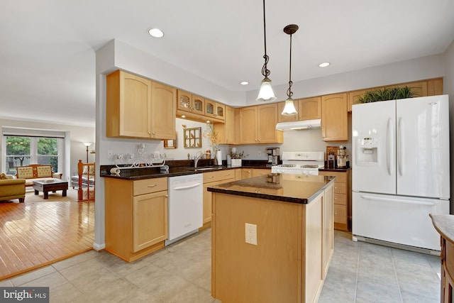 7228 Lensfield Ct, Alexandria, VA 22315 - kitchen with white appliances, light brown cabinets, under cabinet range hood, dark countertops, and recessed lighting