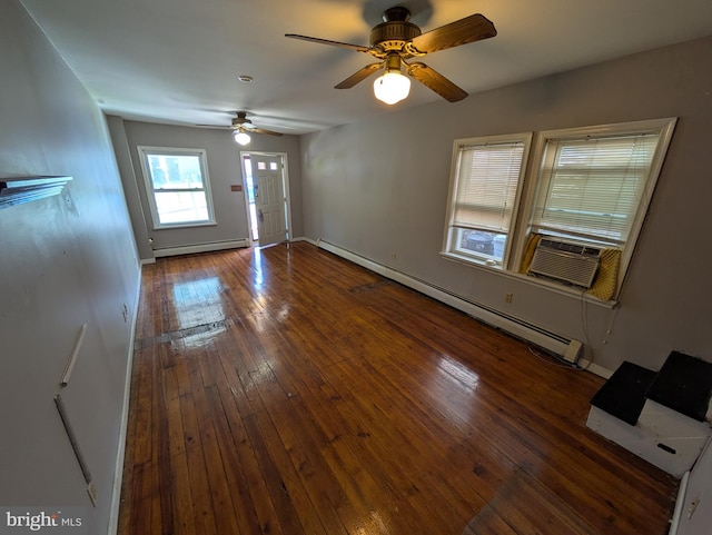 817 Ridge St, Easton, PA 18042 - unfurnished living room featuring baseboard heating, wood-type flooring, a ceiling fan, baseboards, and a baseboard heating unit