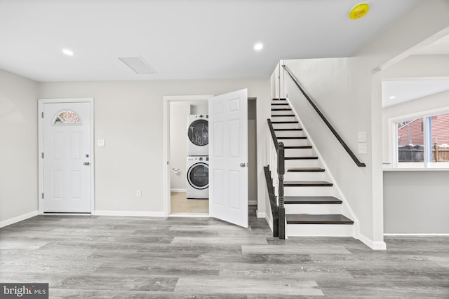 6 Plymouth Ter, Egg Harbor Township, NJ 08234 - interior space with stacked washer / drying machine, recessed lighting, baseboards, wood finished floors, and stairway