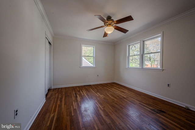 1211 Crestover Rd, Wilmington, DE 19803 - empty room featuring baseboards, ornamental molding, a ceiling fan, and dark wood finished floors