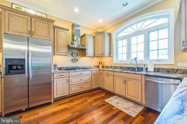 kitchen with a sink, wall chimney exhaust hood, dark wood finished floors, appliances with stainless steel finishes, and ornamental molding