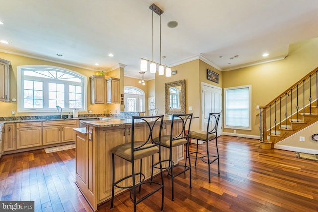 kitchen featuring a kitchen bar, light brown cabinetry, crown molding, dark wood finished floors, and light stone counters