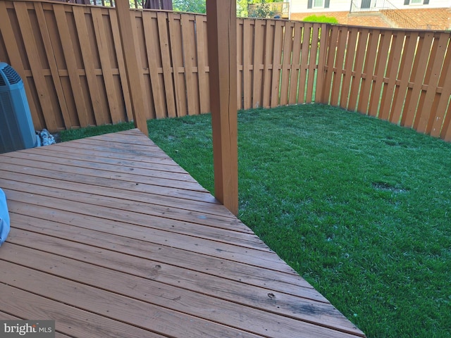 wooden terrace with a lawn and a fenced backyard