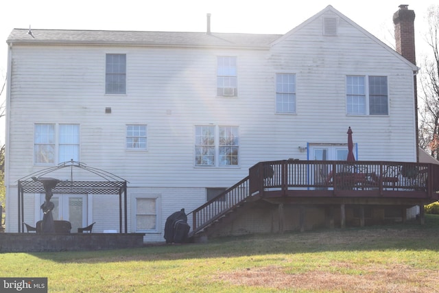 1716 Pebble Beach Dr, Bowie, MD 20721 - back of house with a chimney, a wooden deck, a gazebo, a yard, and stairs