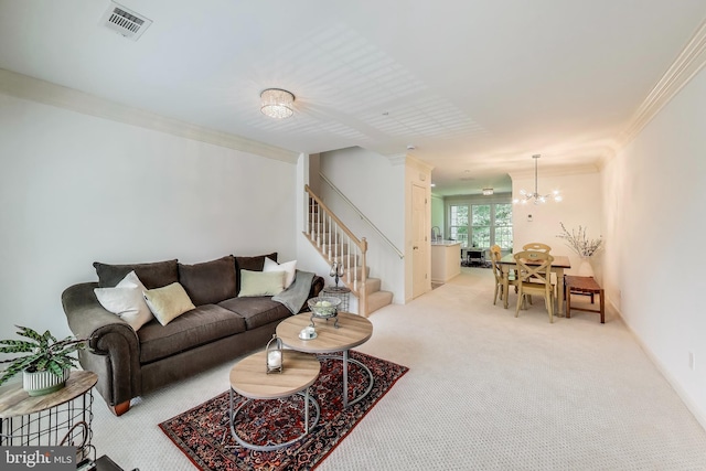 5922 Terrapin Pl Unit 5922, Alexandria, VA 22310 - living area with stairway, light carpet, a chandelier, and crown molding