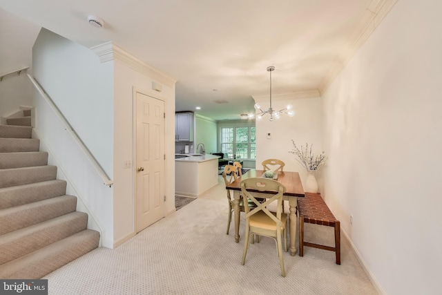 5922 Terrapin Pl Unit 5922, Alexandria, VA 22310 - dining space featuring stairs, light colored carpet, ornamental molding, and a chandelier