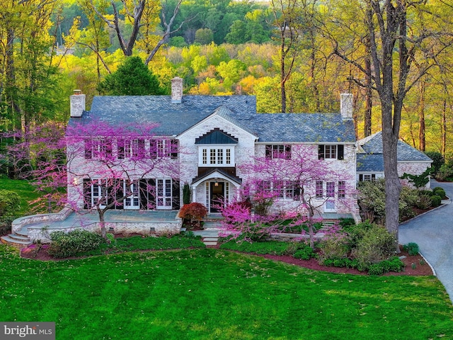 traditional-style house with a view of trees, a high end roof, a chimney, and a front yard