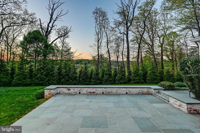 view of patio terrace at dusk