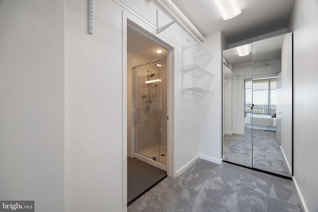 bathroom featuring baseboards and a shower stall