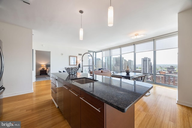 kitchen with a sink, light wood finished floors, modern cabinets, and a kitchen island with sink