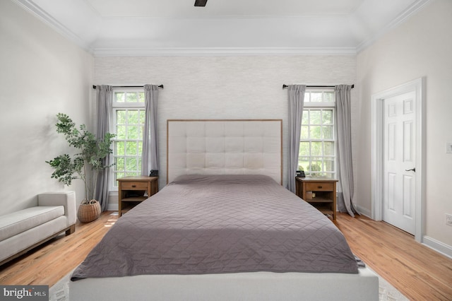bedroom featuring baseboards, wood finished floors, and multiple windows