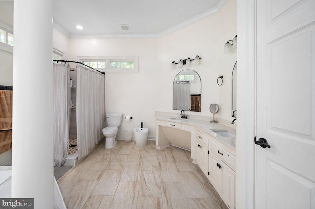 full bath featuring a bidet, a sink, toilet, marble finish floor, and ornamental molding