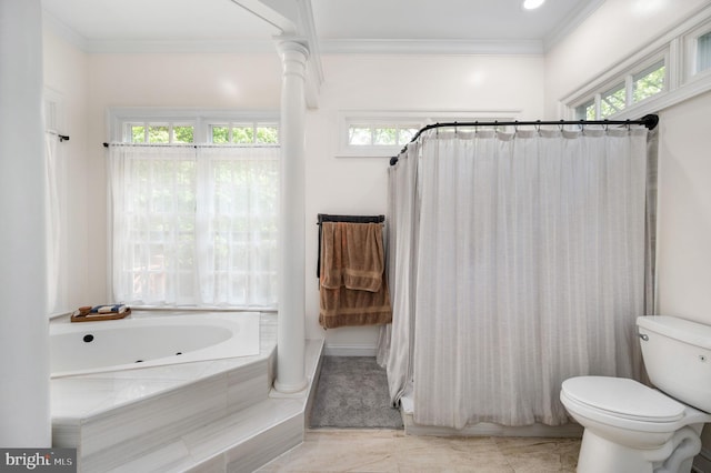 full bathroom featuring crown molding, toilet, ornate columns, a bathing tub, and a shower with curtain