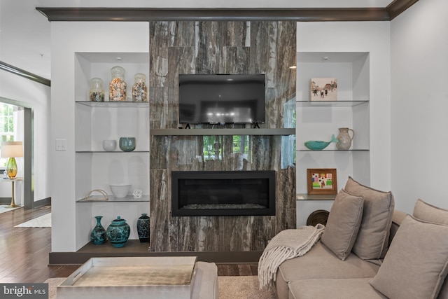 52 Primrose Hill Ln, Annapolis, MD 21403 - living area featuring built in shelves, wood finished floors, and a fireplace