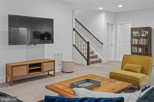 52 Primrose Hill Ln, Annapolis, MD 21403 - living area featuring carpet, stairs, and recessed lighting