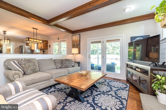 4690 Derby Ln, Doylestown, PA 18902 - living area featuring ornamental molding, beamed ceiling, wood finished floors, and a chandelier