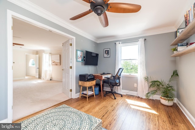 4690 Derby Ln, Doylestown, PA 18902 - home office with ceiling fan, ornamental molding, and hardwood / wood-style flooring