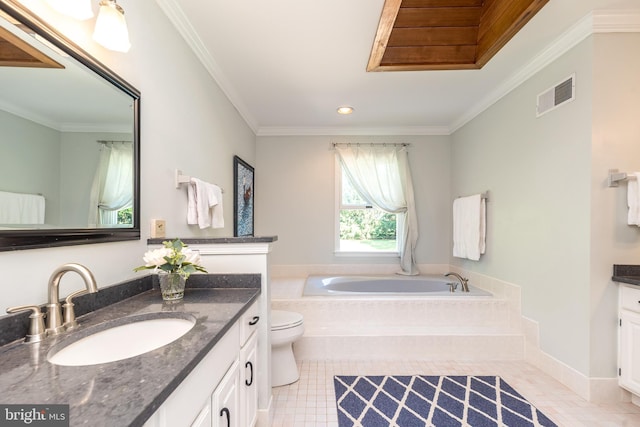 4690 Derby Ln, Doylestown, PA 18902 - full bathroom featuring vanity, a garden tub, tile patterned floors, crown molding, and recessed lighting