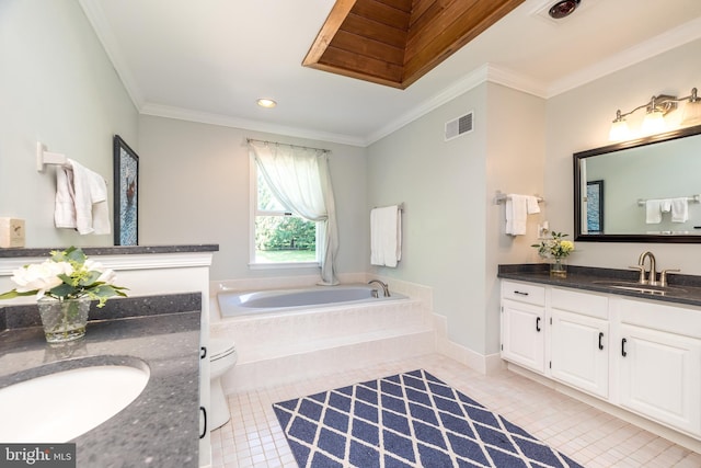 4690 Derby Ln, Doylestown, PA 18902 - bathroom with tile patterned flooring, two vanities, a bath, crown molding, and recessed lighting