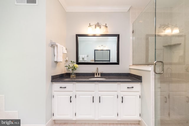 4690 Derby Ln, Doylestown, PA 18902 - bathroom with a stall shower, vanity, and ornamental molding
