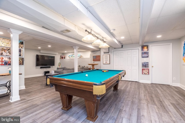 4690 Derby Ln, Doylestown, PA 18902 - recreation room featuring billiards table, wood finished floors, recessed lighting, and decorative columns