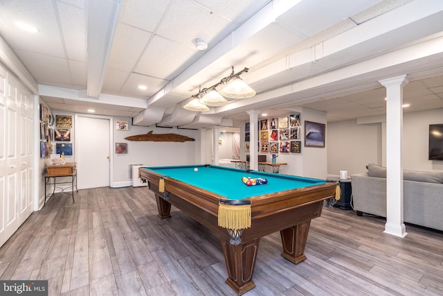4690 Derby Ln, Doylestown, PA 18902 - game room with ornate columns, wood finished floors, a drop ceiling, pool table, and recessed lighting