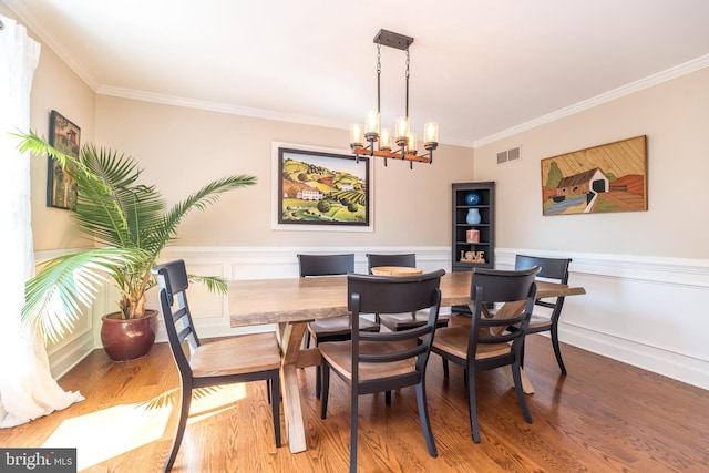 4690 Derby Ln, Doylestown, PA 18902 - dining area featuring a chandelier, crown molding, wood finished floors, and wainscoting