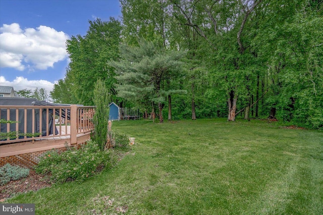 317 Nicholas, Wilmington, DE 19808 - view of grassy yard featuring a deck, a shed, and an outbuilding