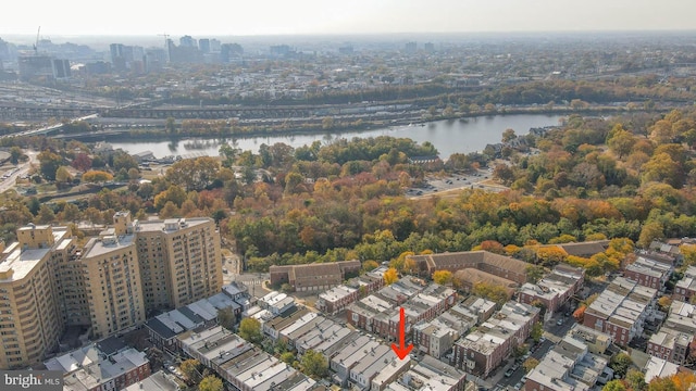drone / aerial view with a view of city and a water view