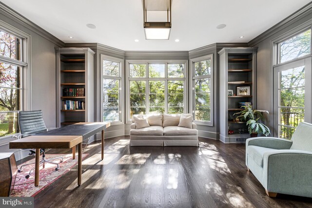 interior space with crown molding, baseboards, and dark wood-type flooring