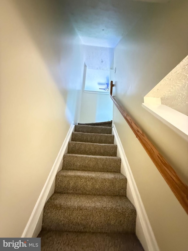 stairway with carpet floors and baseboards