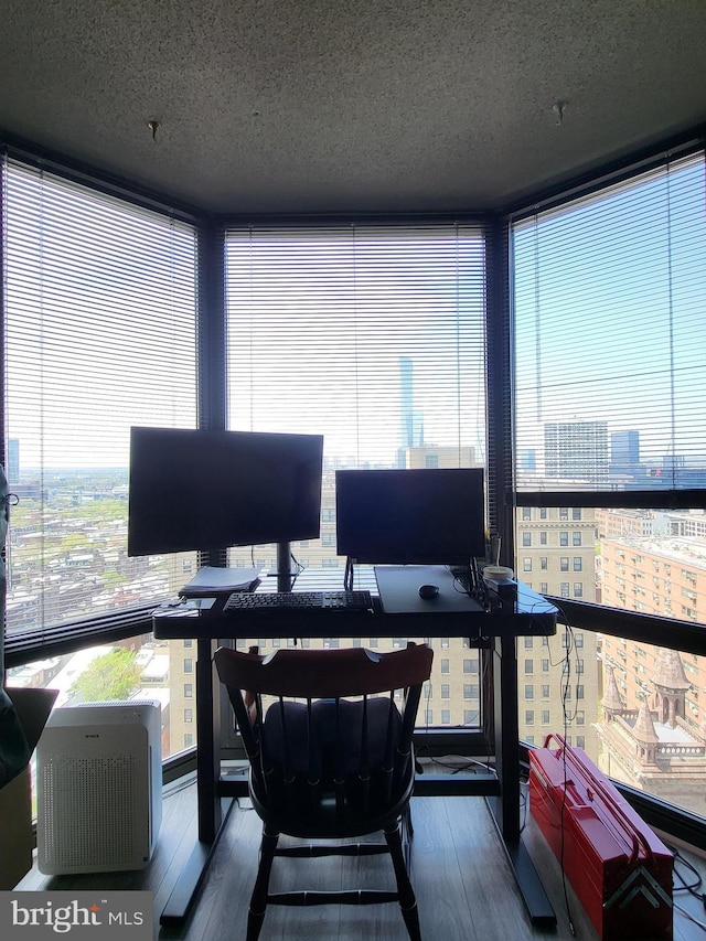 office space featuring a textured ceiling and wood finished floors