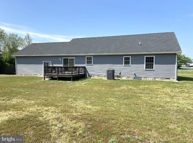 32569 Mount Pleasant Rd, Laurel, DE 19956 - back of property with a wooden deck, a shingled roof, a yard, and central AC unit