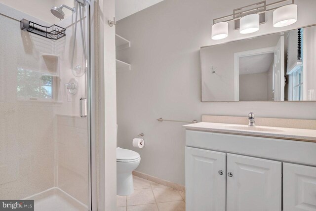 full bath with vanity, tile patterned floors, toilet, and a shower stall