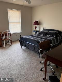 bedroom featuring a ceiling fan and carpet
