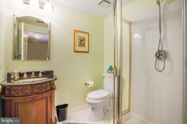 full bath featuring toilet, visible vents, tile patterned flooring, a shower stall, and vanity