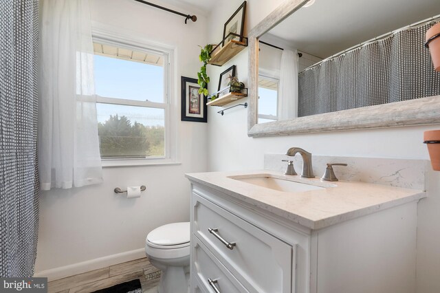 bathroom featuring toilet, baseboards, wood finished floors, and vanity