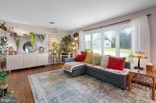 living area with dark wood-style flooring and visible vents