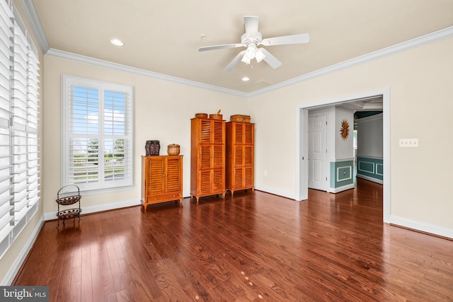 bedroom with recessed lighting, baseboards, ornamental molding, and wood finished floors