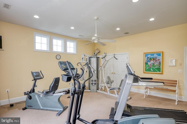 workout area featuring a ceiling fan, baseboards, visible vents, and recessed lighting
