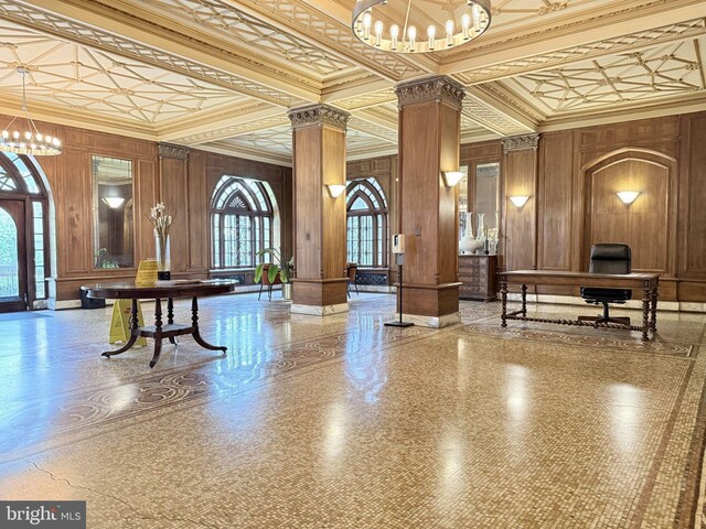 1613 Harvard St NW Unit 415, Washington, DC 20009 - lobby featuring ornamental molding, wooden walls, a decorative wall, and coffered ceiling