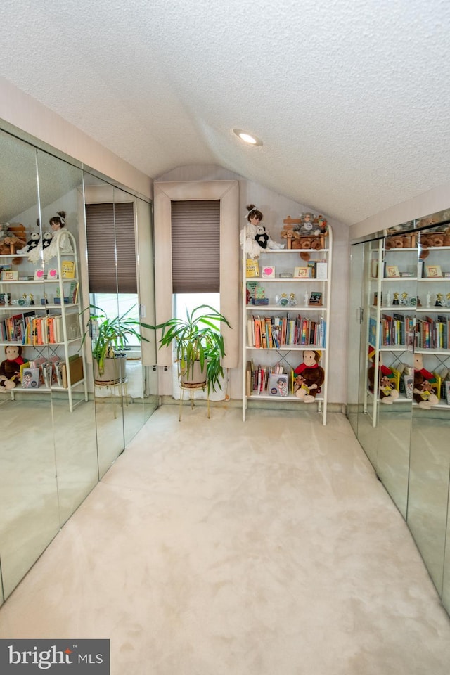 unfurnished room with vaulted ceiling, a textured ceiling, and carpet flooring
