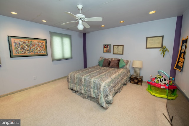 carpeted bedroom with recessed lighting, ceiling fan, and baseboards